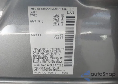 2024 Nissan Altima Sv Fwd из США, поврежденный, VIN 1N4BL4DV1RN351213